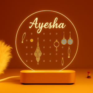 Personalized Acrylic Circle Earring Holder with LED Wooden Base – Custom Name Engraving